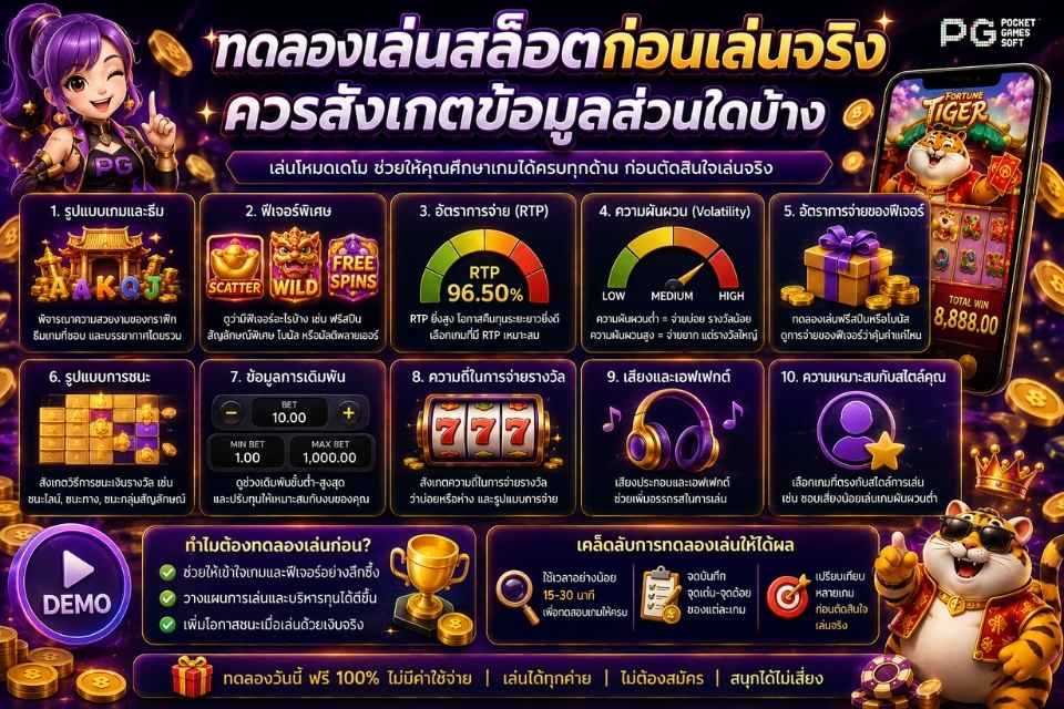 ทดลองเล่นสล็อตก่อนเล่นจริง ควรสังเกตข้อมูลส่วนใดบ้าง